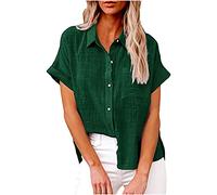 AMhomely Blouse Cotton Linen Blouses Tops Plus Size Lapel Short Sleeve Ladies Tops Elegant Solid Color Loose Fit Tee Shirts Button Up Tee Shirts Ladies Pocket Tunic Tops Green 3XL