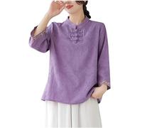 AMhomely Blouses for Women UK 3/4 Sleeve Cotton Linen Top Embroidery Floral Tunic Chinese Traditional Button Blouse Vintage Ethnic Casual Tunic Tops Solid Elegant Tops Tea Party Holiday Purple M