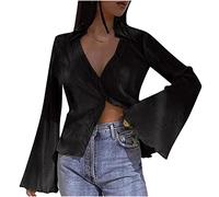 AMhomely Blouses for Women UK Flare Sleeve Blouse V Neck Chiffon Shirts Long Sleeve Casual Pullover Tops Blouse Cropped Tunic Tops Bell Sleeve Casual Tees Shirts Holiday Party Blouse Black L