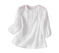 AMhomely Blouses for Women UK Womens Summer Cotton Linen Tops Elegant Button Down Blouse Ruffle Flower Embroidery Shirts Casual Summer Half Sleeve Tops Business Office Loose Tunic T-Shirt White M
