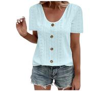 AMhomely Blouson Tops For Women Uk Plus Size Tunic Top With Buttons Short Sleeve Summer T Shirts V Neck Casual Dressy Tops Shirts Eyelet Tops Loose V Neck Pullover Tops Tees Shirts Office Sky Blue 3XL