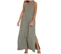AMhomely Boho Maxi Dresses for Women UK Cotton and Linen Dresses Summer Sexy Spaghetti Strap Long Solid Beach Shift Dress Elegant Party Sundress Plus Size Casual Dress Going Out Army Green L