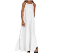 AMhomely Boho Maxi Dresses for Women UK Cotton and Linen Dresses Summer Sexy Spaghetti Strap Long Solid Beach Shift Dress Elegant Party Sundress Plus Size Casual Dress Going Out White XXL