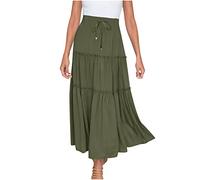 AMhomely Boho Maxi Skirts for Women Long Skirts Sale Chic Ladies Solid Casual Ruched Ruffles Elastic Waist Skirts Beach Skirts Clearance UK, Army Green, L