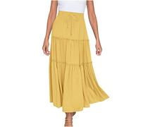 AMhomely Boho Maxi Skirts for Women Long Skirts Sale Chic Ladies Solid Casual Ruched Ruffles Elastic Waist Skirts Beach Skirts Clearance UK, Yellow, S