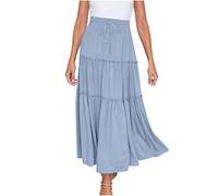 AMhomely Boho Maxi Skirts for Women Long Skirts Sale Chic Ladies Solid Casual Ruched Ruffles Elastic Waist Skirts Beach Skirts Clearance UK, 01 Light Blue, L