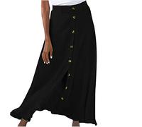 AMhomely Boho Maxi Skirts for Women Long Skirts Sale Ladies Summer Chic Solid Skirt Mid Waist Long Dress Bohemian Swing A-Line Button Skirts Beach Skirts Clearance UK, 01 Black, XXL