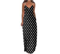 AMhomely Boho Summer Dresses for Women UK-Zip Front Maxi Dress,Sleeveless Lounge Dress with Pocket,Vintage Floral Polka Dots Print,V Neck Casual Long Sundress,Holiday Vacation A Black L