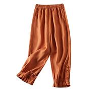 AMhomely Boho Trousers for Women UK Plus Size Capri Pants for Women UK Cotton Linen Trousers Cuffed Chinese Button Bottom Wide Leg Pants Elastic Wiatsed Lounge Trousers Baggy Beach Pants Orange 3XL