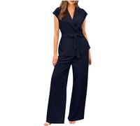 AMhomely Business 2 Piece Suit for Women Smart Casual Outfits for Office Sleeveless Blazer Waistcoats Wide Leg Trousers with Belt Smart Casual Outfits Solid Lapel Suit Jacket Pants Sets Navy L