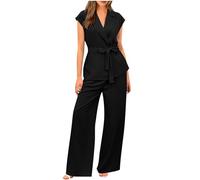 AMhomely Business 2 Piece Suit for Women Smart Casual Outfits for Office Sleeveless Blazer Waistcoats Wide Leg Trousers with Belt Smart Casual Outfits Solid Lapel Suit Jacket Pants Sets Black S