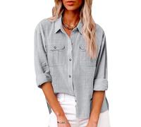 AMhomely Button Down Blouse Women Long Sleeve Oversized Shirt Casual Tops with Breast Pocket Solid Loose Office Work Tunic Tops Baggy Pullover Shirts Going Out Tees Shirts Holiday Vacation Grey S