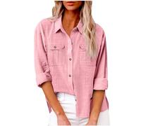 AMhomely Button Down Blouse Women Long Sleeve Oversized Shirt Casual Tops with Breast Pocket Solid Loose Office Work Tunic Tops Baggy Pullover Going Out Tees Holiday Vacation Pink L