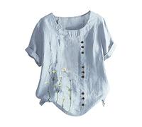 AMhomely Button Front Tops for Women UK Summer Cotton Linen Short Sleeve Henley T-Shirt Summer Short Sleeve Casual Tunic Tops Blouse Vintage Dandelion Print Blouse Loose Elegant Tee Shirts Blue L