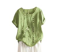 AMhomely Button Front Tops for Women UK Summer Cotton Linen Short Sleeve Henley T-Shirt Summer Short Sleeve Casual Tunic Tops Blouse Vintage Dandelion Print Blouse Loose Elegant Tee Shirts Green XXL