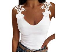 AMhomely Camisole Tops for Women UK Sexy Clubbing Cropped Tops Trendy Sexy Womens V-Neck Patchwork Solid Lace Short Camis Tops Vest Summer Tank Tops Blouses Sale, 01 White, M (Womens Sexy Tops AM273)