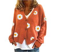 AMhomely Cardigan For Women Uk Daisy Pattern Embroidered Knitted Cardigan Long Sleeve Button Down Sweaters Open Front Jumper V Neck Casual Knitted Outwear Office Work Orange XXL