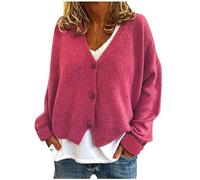 AMhomely Cardigan UK Plus Size Button Down Open Front Cardigan Sweater Plain Long Sleeve Cropped Jumnper Tops V Neck Knitted Coats Outwear Soft Comfortable Knitted Hot Pink M