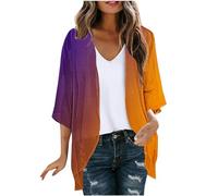 AMhomely Cardigans for Women UK Chiffon Floral Print Puff Sleeve Kimono Cardigan Open Front Loose Beach Cover Up Casual Blouse Tops Summer Bikini Kimono Bathing Suit Smocked Blouse Orange XXL