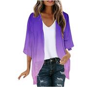 AMhomely Cardigans for Women UK Chiffon Floral Print Puff Sleeve Kimono Cardigan Open Front Loose Beach Cover Up Casual Blouse Tops Summer Bikini Kimono Bathing Suit Smocked Blouse Purple XXL