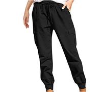 AMhomely Cargo Trousers for Women UK Elasticated Plus Size Casual Pants with Pocket Plain Runing Workout Pants High Waisted Tapered Trousers Plain Basic Sweatpants Baggy Loungewear Trousers Black 3XL