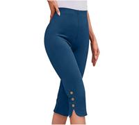 AMhomely Casual 3/4 Trousers for Women UK-Summer Cropped Pants Plus Size,Button Hem Casual Capris Joggers,Elastic High Waisted Trousers,Solid Loose Tracksuit Bottoms,Office Work A Blue M