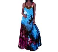 AMhomely Casual Maxi Dress Womens Summer Sleeveless Loose Long Dresses Ladies Cold Shoulder Floor Length Tunic Dress Beachwear O Neck Print Bohemian Baggy Sundress A-Blue