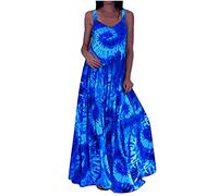 AMhomely Casual Maxi Dress Womens Summer Sleeveless Loose Long Dresses Ladies Cold Shoulder Floor Length Tunic Dress Beachwear O Neck Print Bohemian Baggy Sundress