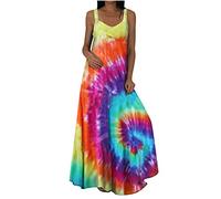 AMhomely Casual Maxi Dress Womens Summer Sleeveless Loose Long Dresses Ladies Cold Shoulder Floor Length Tunic Dress Beachwear O Neck Print Bohemian Baggy Sundress
