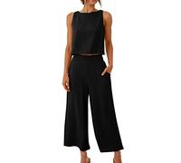 AMhomely Casual Solid For Women,Cotton Linen, Button, Sleeveless, Shirt Top, High Waist, Loose Pocket Trousers, Wide Legs, Cropped, Two-Piece And Bottoms Set Sportswear Women Vacation Black M