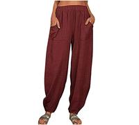 AMhomely Casual Trousers for Women UK Plus Size Cotton Linen Pants with Pocket Harmes Trousers Wide Leg Palazzo Trousers Elastic Waisted Joggers Baggy Trapped Trousers Lounge Beach Pants Wine XXL