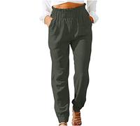 AMhomely Casual Trousers For Women Uk Plus Size Cotton Linen Pants Women Elastic Waisted Straight Leg Trousers With Pocket Cuffed Harme Trousers Slim Comfort Walking Trousers Office Work Army Green XL