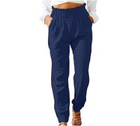 AMhomely Casual Trousers for Women UK Plus Size Cotton Linen Pants Women Elastic Waisted Straight Leg Trousers with Pocket Cuffed Harme Slim Comfort Walking Office Work Dark Blue XXL