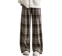 AMhomely Checked Trousers for Women Wide Leg Fleece Lined Pants with Pocket Elastic High Waisted Sweatpants Baggy Plaid Trousers Loose Fit Straight Leg Jogging Drawstring Warm Coffee XL
