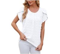 AMhomely Chiffon Blouses for Women Ladies Short Sleeve Tunic Tops Puff Sleeve Casual Shirts V Neck Bubble Sleeve Pullover Tops Swiss Dots Loose Tees Shirts Going Out Tops Blouse Office Work White L