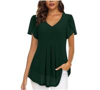 AMhomely Chiffon Tops for Women UK Elegant Blouses Womens Tops Short Sleeve Shirts Casual V Neck Blouse Double Layers Mesh Tunics