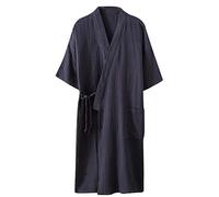 AMhomely Chinese Dressing Gown Men Short Sleeve Housecoat With Pocket Knee Length Absorbent Sleepwear Side Strappy Solid Sleepwear Nightgown Loose Fit Breathable Nightrobe for Spa Hotel Navy XL