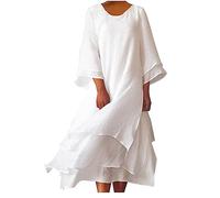 AMhomely Chinese Style Dresses for Women UK Cotton and Linen Dresses Elegant 3/4 Sleeve Tea Party Solid Crewneck Traditional Mandarin Collar Maxi Dress Floaty Holiday White M