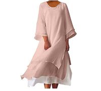 AMhomely Chinese Style Dresses for Women UK Cotton and Linen Dresses Elegant 3/4 Sleeve Tea Party Solid Crewneck Traditional Mandarin Collar Maxi Dress Floaty Holiday Pink L