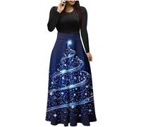 AMhomely Christmas Dresses for Women Long Sleeve Pleated Prom Winter Party Cocktail Printed Round-Neck Pullover Patchwork Dress