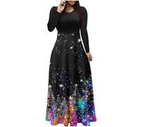 AMhomely Christmas Dresses for Women Long Sleeve Pleated Prom Winter Party Cocktail Printed Round-Neck Pullover Patchwork Dress Light Blue