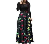 AMhomely Christmas Dresses for Women Long Sleeve Pleated Prom Winter Party Cocktail Printed Round-Neck Pullover Patchwork Dress Red