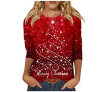 AMhomely Christmas Jumpers for Women UK Clearance Xmas Tree Gifts Tunic Tops Ladies Christmas Outfits 3/4 Sleeve Tops Loose Casual Tshirts Soft Blouses