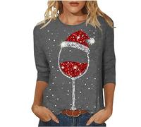 AMhomely Christmas T Shirts for Women Ladies Tops Autumn Casual 3/4 Sleeve Loose Shirts Crewneck Red Wine Glass Print Cute Blouse Graphic Tees Tunic Dressy