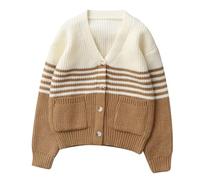 AMhomely Chunky Knitted Cardigan Kids-School Jumper V Neck Girls Boys,Button Down,Stripe Contrast,Loose,Oversized Cardigan Sweater,Autumn Winter Knitwear with Pocket A Coffee 5-6 Years