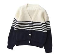 AMhomely Chunky Knitted Cardigan Kids-School Jumper V Neck Girls Boys,Button Down,Stripe Contrast,Loose,Oversized Cardigan Sweater,Autumn Winter Knitwear with Pocket A Dark Blue 5-6 Years