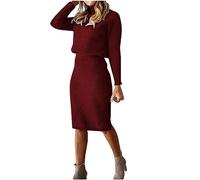 AMhomely Co Ord Sets For Women 2 Piece Sweater Set - Ladies Knitted Skirt and Top With Long Sleeve Cropped Jumper - Plus Size Warm Going Out Outfit Wine L