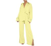 AMhomely Co-ord Sets For Women UK Ribbed Knitted Casual Sets 2 Piece Loungesuit Solid Wide Legs Trousers V Neck Shirts Split Bottom Trousers Office Work Ladies Wedding Guest Outfits Yellow L