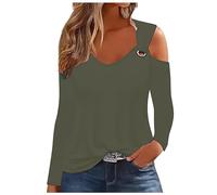 AMhomely Cold Shoulder Long Sleeve Tops for Women UK V Neck Blouses Elegant Round Ring Straps Tunic Tops Tees Shirts Solid Loose Pullover Tops Tees Shirts Elegant Party Blouse Holiday Army Green M