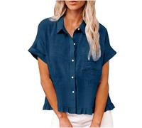 AMhomely Cotton Linen Blouses for Women UK-Short Sleeve Button Down Shirts,Ruffle Hem,Oversized Casual Office Dressy Tops with Breasted Pocket,Turndown Collar Tunic,Holiday Vacation A Blue M
